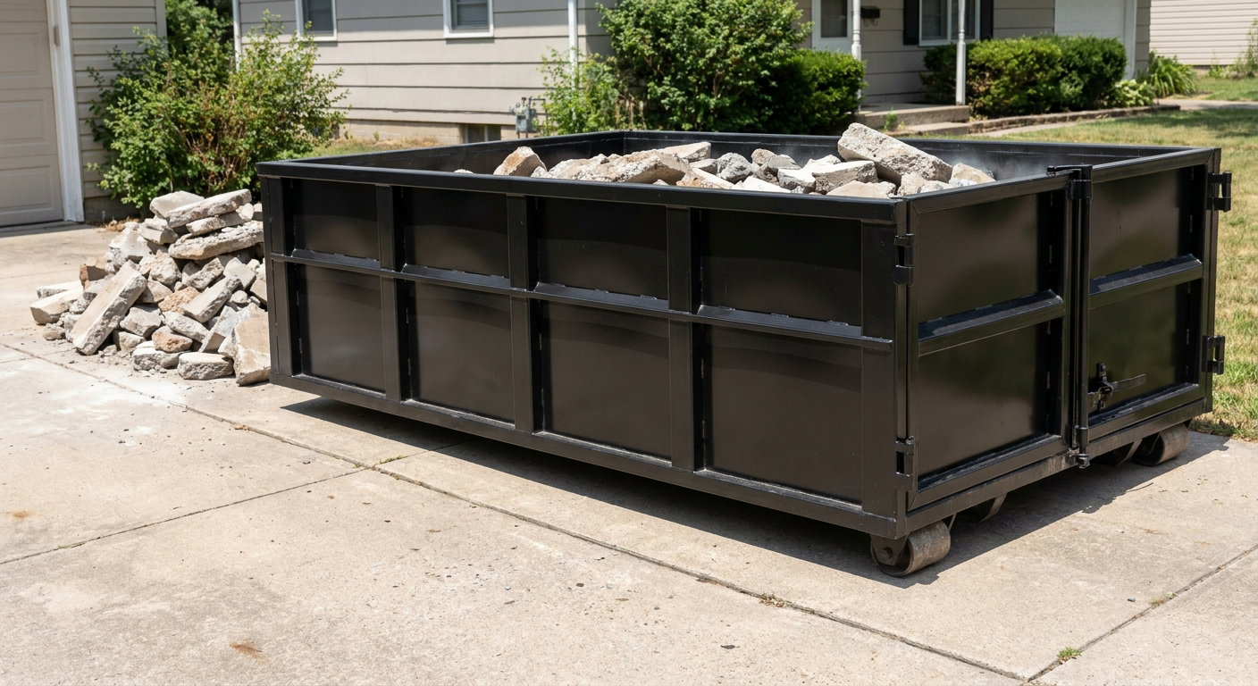 A matte-black low-side heavy-debris roll-off dumpster placed directly on a Shreveport concrete driveway, with broken concrete chunks neatly stacked beside it under clean daylight.